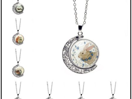 Wholesale Easter Rabbit Time Gemstone Double Sided Rotating Moon Pendant Alloy Necklace Online Sale