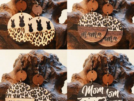 Wholesale Vintage Leopard Print Wood Chip MAMA Round Earrings Fashion