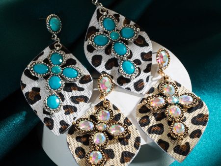 Wholesale Vintage Western Leopard Print Inlaid Turquoise Leather Earrings on Sale