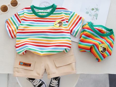 Wholesale Boys  Summer Striped Short Sleeved Work Shorts Cotton Two-piece Set For Discount