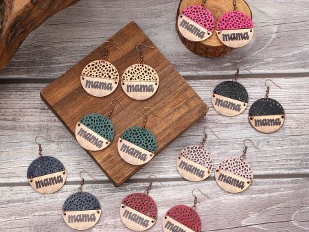 Wholesale Vintage Style MAMA Round Wood Chip Leather Earrings Fashion