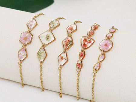 Wholesale 6PCS Gold Plated Dried Flower Transparent Resin Bracelet Sale