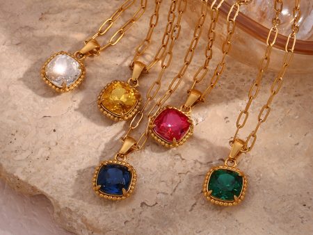 Wholesale Vintage Stainless Steel Paper Clip Chain Square Gemstone Necklace Discount