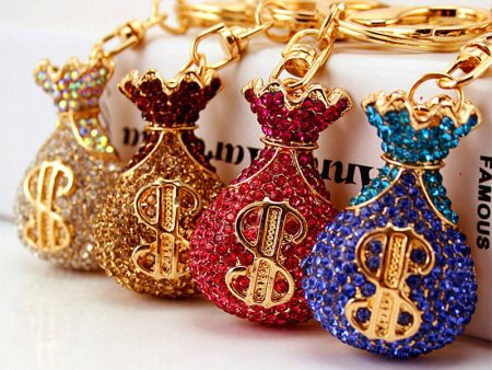 Wholesale Creative Diamond Crystal Money Bag Lucky Bag Metal Keychain Online Sale