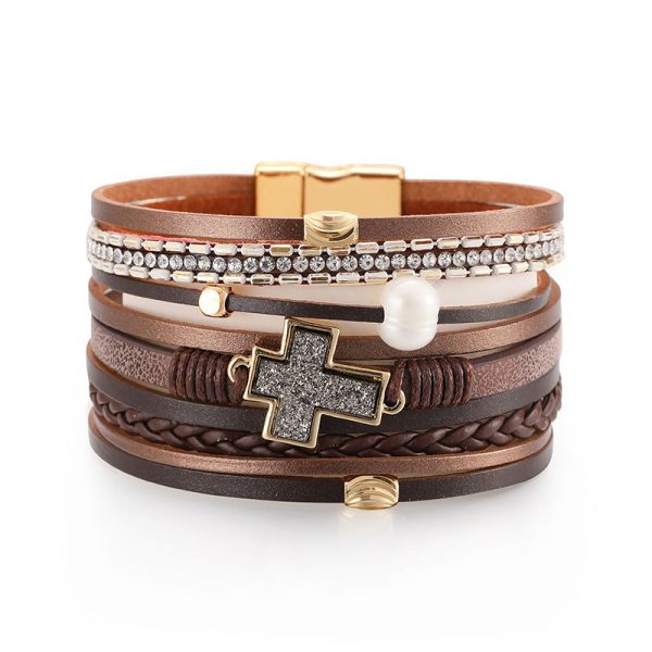 Wholesale Bohemian Multi-layered Braided Leather Cross Bracelet on Sale