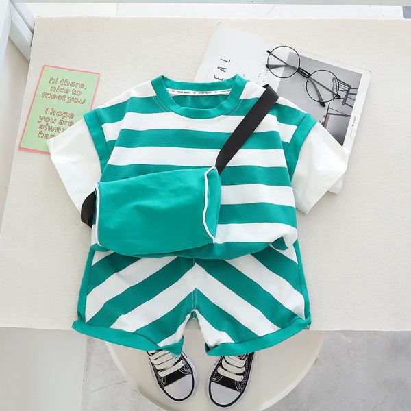 Wholesale Boys Summer Striped Short Sleeved Shorts Shoulder Bag Cotton Set Supply