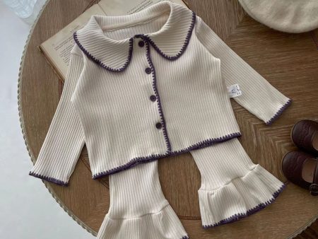 Wholesale Cotton Kids Knitted Separate Suit Contrast Color Cardigan Flare Pants Sale