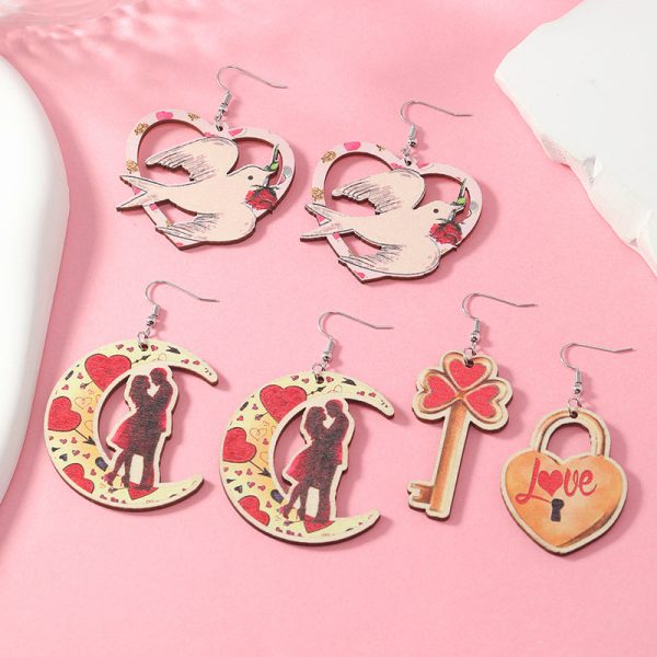 Wholesale Valentine s Day Rose Asymmetric Wooden Earrings Online Sale