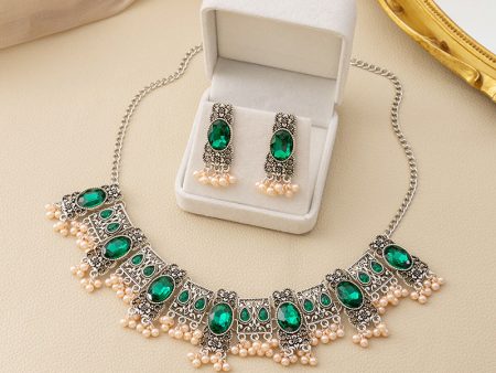 Wholesale Vintage Emerald Ethnic Style Square Tassel Rice Beads Earrings Necklace Set Cheap