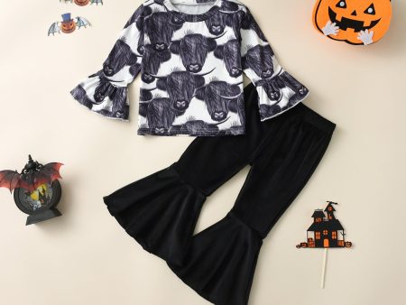 Wholesale Cotton Cow Head Print Top Solid Color Casual Pants Suit For Discount