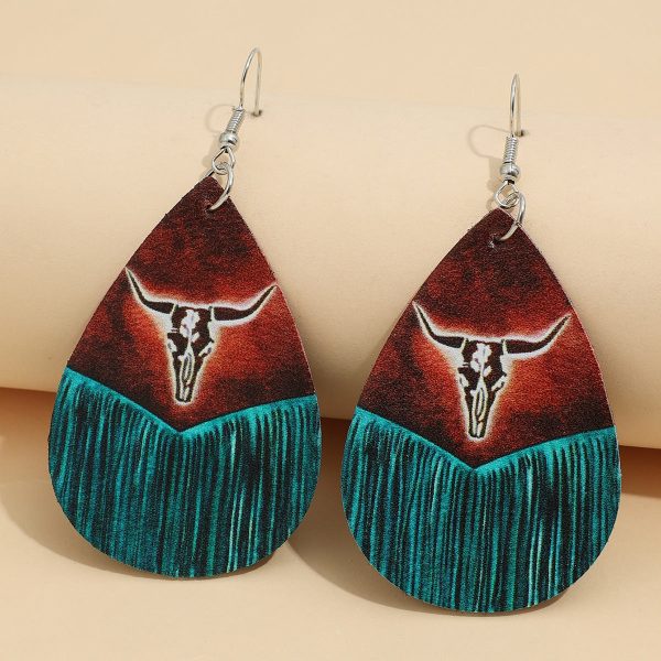 Wholesale Western Style Retro Water Drop Shaped Tassel Cow Head Earrings Sale