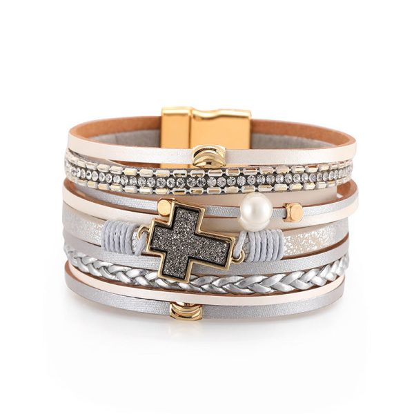 Wholesale Bohemian Multi-layered Braided Leather Cross Bracelet on Sale