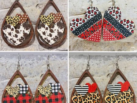 Wholesale 2 Pairs pack Valentine s Day Hollow Heart Leopard Print Wooden Earrings on Sale