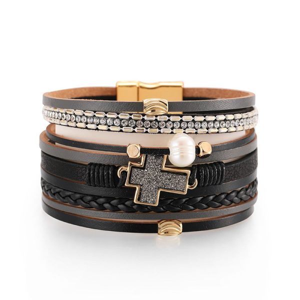 Wholesale Bohemian Multi-layered Braided Leather Cross Bracelet on Sale