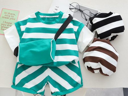 Wholesale Boys Summer Striped Short Sleeved Shorts Shoulder Bag Cotton Set Supply