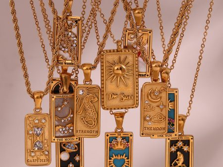 Wholesale Vintage Stainless Steel Rectangular Oil Dripping Zircon Tarot Card Necklace Cheap