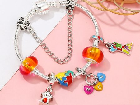 Wholesale Alloy Multicolor Enamel Dog Charm Heart Shape Puzzle MOM Charm Bracelet on Sale