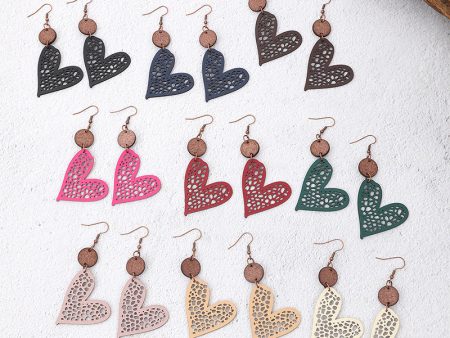 Wholesale Valentine s Day Love Wood Chip Hollow Mesh Leather Earrings Fashion