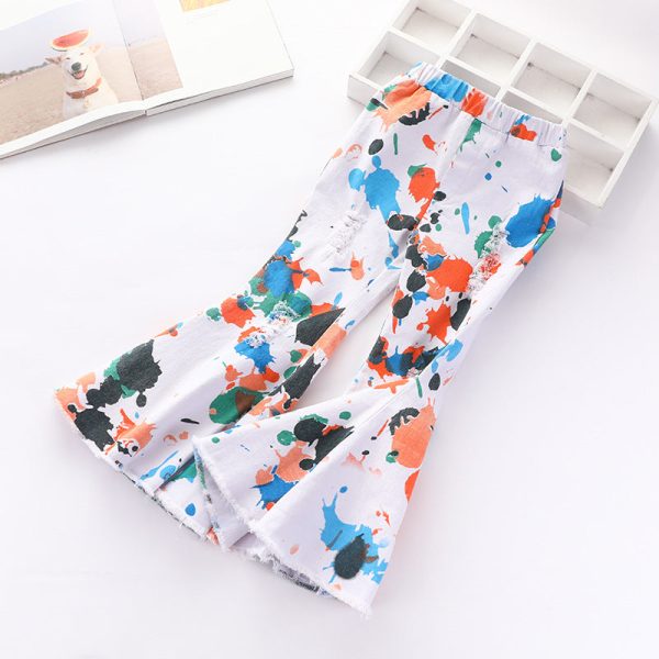 Wholesale Children s Abstract Printed Cotton Denim Flared Pants Cheap