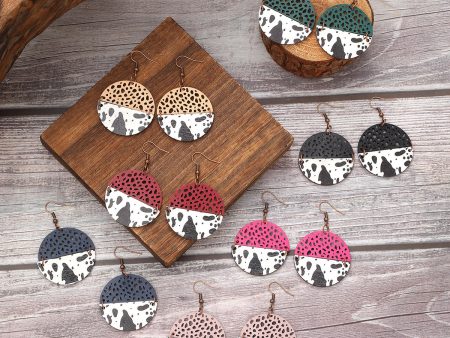 Wholesale Western Style Cow Print Leopard Print Wood Chip Leather Combination Round Earrings Fashion