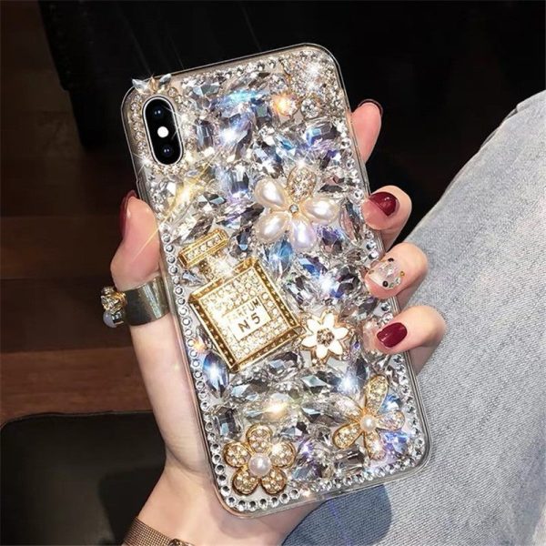 Wholesale Perfume Bottle, Rhinestone, Gold Flower, Acrylic Phone Case Fashion