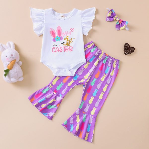 Wholesale Cotton Children s Flying Sleeve Candy Flower Colored Trumpet Pants Set Supply