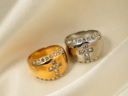 Wholesale 18k Gold Stainless Steel Diamond Inlaid Cross Ring Hot on Sale