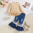 Wholesale Polyester Tops Children s Long Sleeve Denim Bell Bottoms Two Piece Set For Cheap