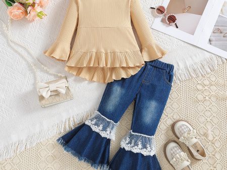 Wholesale Polyester Tops Children s Long Sleeve Denim Bell Bottoms Two Piece Set For Cheap