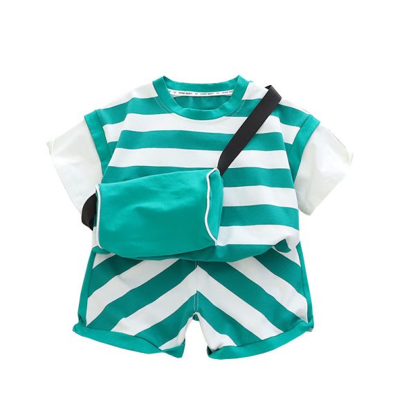 Wholesale Boys Summer Striped Short Sleeved Shorts Shoulder Bag Cotton Set Supply