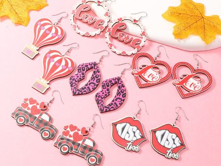 Wholesale Valentine s Day Love Truck Balloon Red Lip Wooden Earrings Online Sale