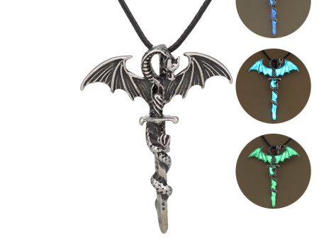 Wholesale Alloy Wing Dragon Ancient Silver Sword Night Glow Leather Rope Necklace Online Hot Sale