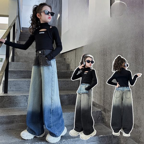 Wholesale Children s Waistband Contrasting Raw Edge Gradient Straight Wide Leg Cotton Jeans Sale