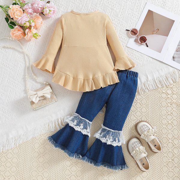 Wholesale Polyester Tops Children s Long Sleeve Denim Bell Bottoms Two Piece Set For Cheap