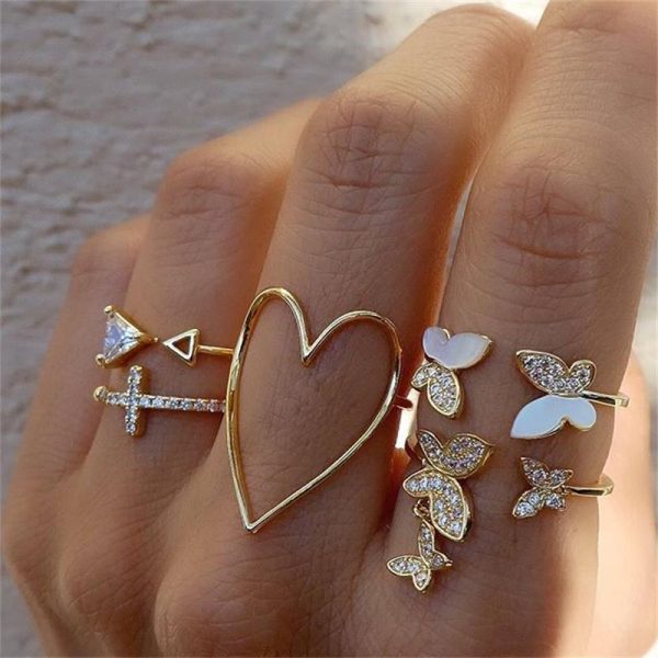 Wholesale Alloy Diamond Heart Pearl Ring Set of 10 Pieces For Cheap