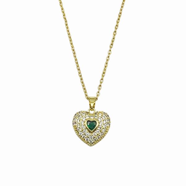 Wholesale Golden Love Micropaved Green Zirconia Titanium Steel Necklace Clavicle Chain Fashion