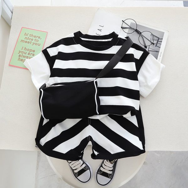 Wholesale Boys Summer Striped Short Sleeved Shorts Shoulder Bag Cotton Set Supply