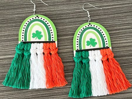 Wholesale 2 Pairs pack St. Patrick s Day Rainbow Clover Braided Tassel Wooden Earrings For Sale