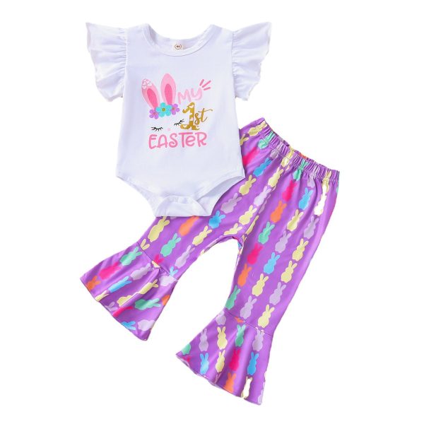 Wholesale Cotton Children s Flying Sleeve Candy Flower Colored Trumpet Pants Set Supply