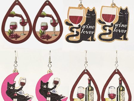 Wholesale 2 Pairs pack Red Wine Party Drinking Cat Wooden Earrings For Sale