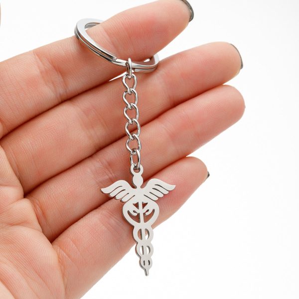 Wholesale Vintage Double Snake Staff Medical Rescue Logo Angel Wings Keychain Online Hot Sale