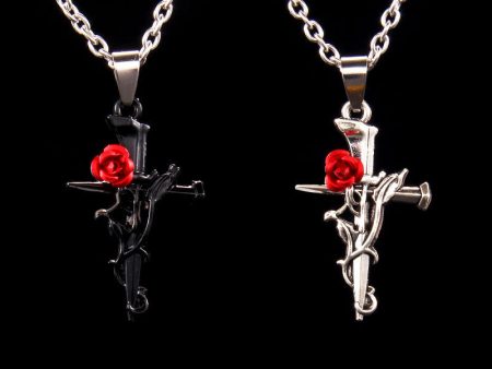 Wholesale gothic red rose cross vintage stainless steel necklace For Cheap