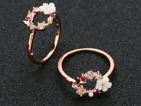 Wholesale Creative Butterfly Flower Rose Gold Micropaved Zirconia Pearl Ring Sale