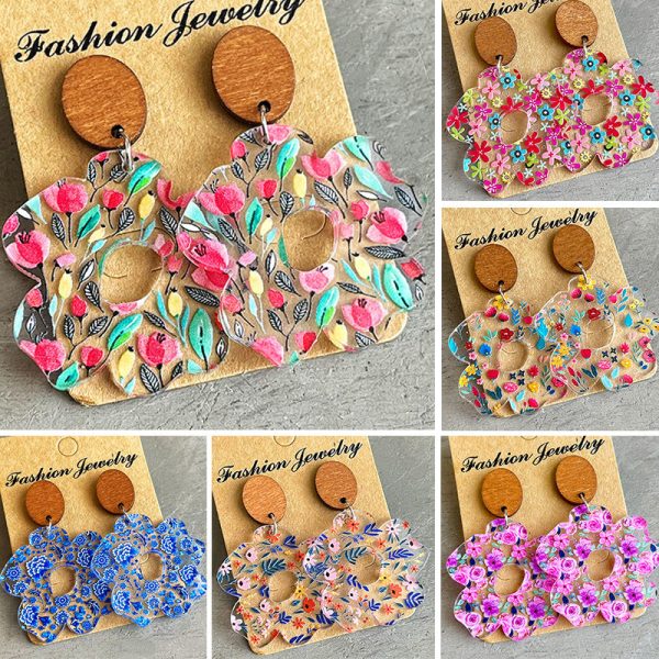 Wholesale 2 Pairs pack Acrylic Wooden Flower Simple Floral Earrings Supply