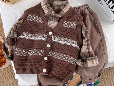 Wholesale Cotton Boys Cardigan Sweater Plaid Shirt Three Piece Set For Sale