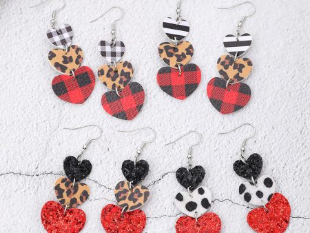 Wholesale Valentine s Day Multi-layer Love Leopard Print Sequin Plaid Leather Earrings For Discount