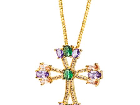 Wholesale Cross Shaped Copper Inlaid Colored Zircon Necklace For Cheap