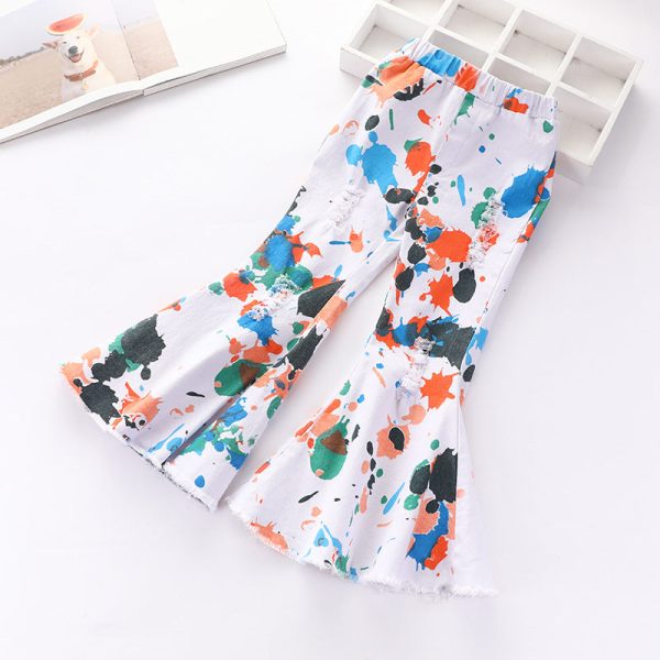 Wholesale Children s Abstract Printed Cotton Denim Flared Pants Cheap