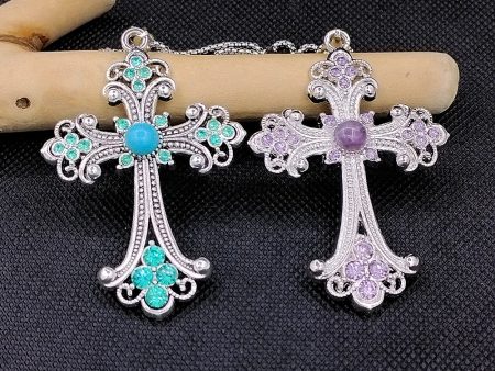 Wholesale Vintage Flash Diamond Turquoise Cross Large Necklace Discount